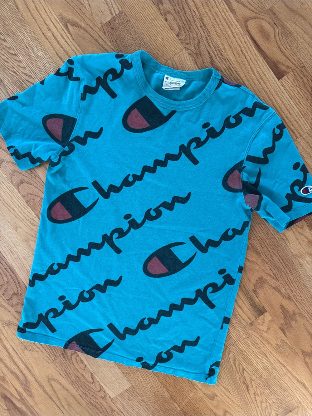 Champion Teal Heritage Allover Logo Short Sleeve Tee